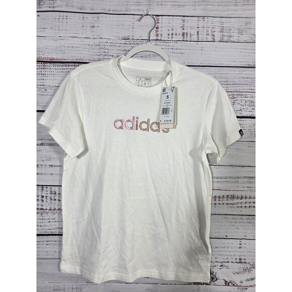 Adidas Womens Logo T-Shirt White Pink Rhinestone Small NWT - Picture 1 of 3